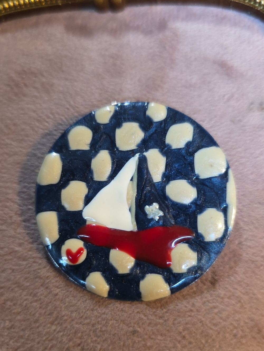 Vintage Nautical Sailboat Polka Dot Enamel Brooch Pin